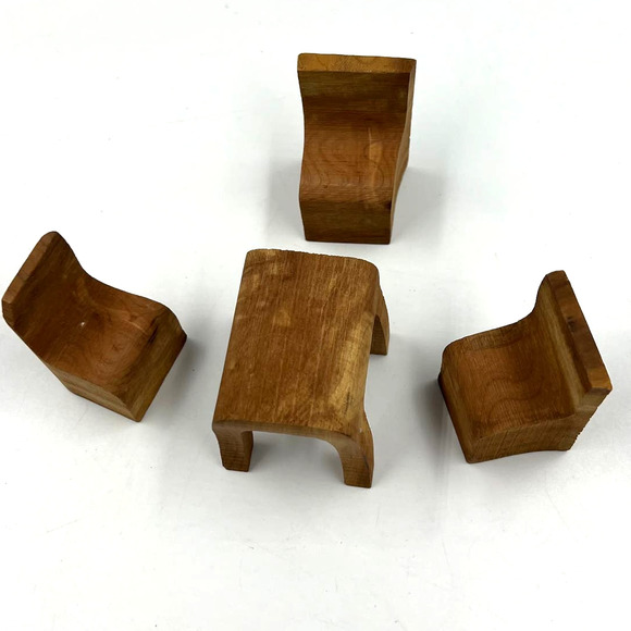 Vintage Set Wooden Hand Made Miniature Doll House Table 3 Chairs Primitive - Picture 2 of 11